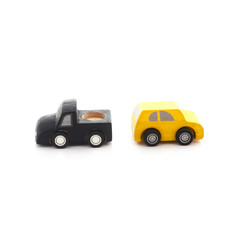 wooden car toy on white background.
