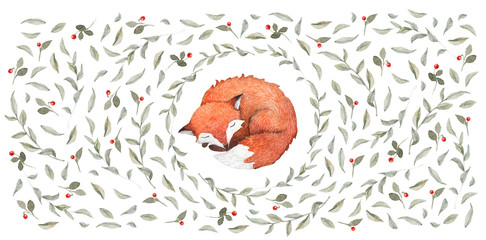 A little sleeping fox surrounded by fallen leaves and berries. Watercolor illustration solated on white background.