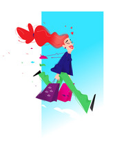 Illustration of a cute girl with shopping. A cute red-haired girl is running with packages. Image is isolated on white background. Flat illustration for print and website.