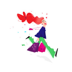 Illustration of a cute girl with shopping. A cute red-haired girl is running with packages. Image is isolated on white background. Flat illustration for print and website.