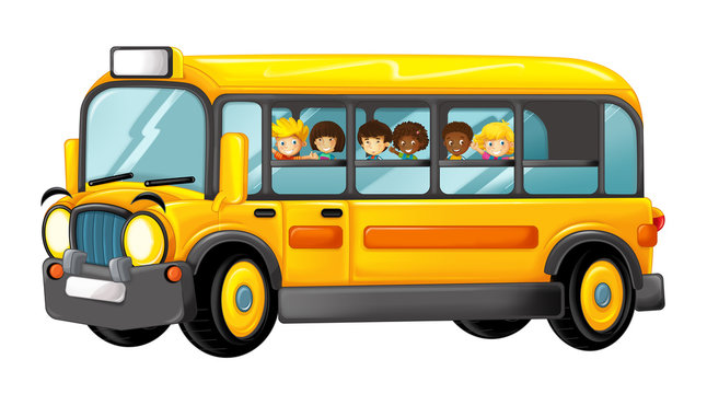 funny looking cartoon yellow bus with pupils - illustration for children