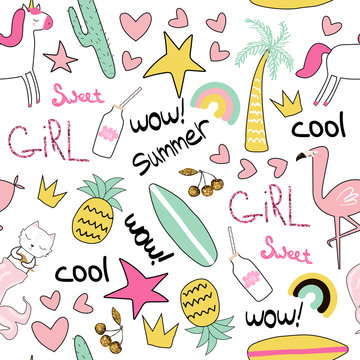 Fashion seamless pattern with cute hand drawn elements. Perfect for fabric print. Vector illustration.