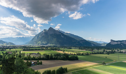 Fototapeta premium Sargans and Gonzen mountain in the Rhine Valley of Switzerland on a beautiful summer evening