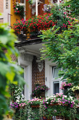 Fragment of an old city house with flowers on the balcony