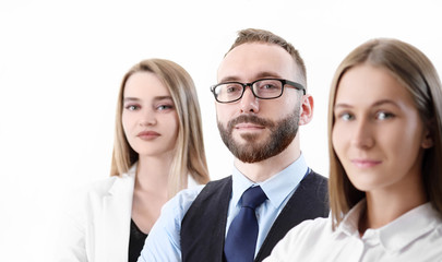 Team of business and office workers, close-up on a white background.