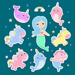 Magical creatures. Narwhal, unicorn mermaid, pegasus stickers vector illustration