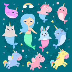 Magical creatures. Narwhal, unicorn mermaid,bunny mermaid, cat mermaid pegasus vector illustration