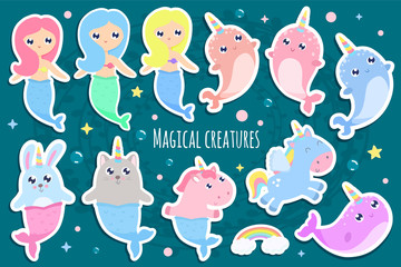 Magical creatures. Narwhal, unicorn mermaid,bunny mermaid, cat mermaid pegasus stickers vector illustration