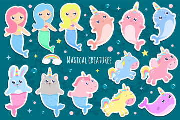 Magical creatures. Narwhal, unicorn mermaid,bunny mermaid, cat mermaid pegasus stickers vector illustration