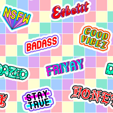 Seamless pattern with comic book colorful phrases, words: "Dazed", “Stay true”, “Honey”, “Good vibes”, etc. Fashion patches in 80s-90s style. Rainbow-colored background.