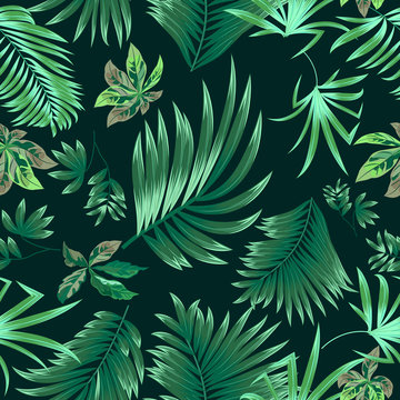 Seamless pattern tropical leaves of palm tree and flowers.