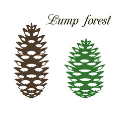 Pine cone, long and small, silhouette green and brown on white background,