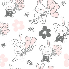 Seamless pattern with cute bunnies with flowers