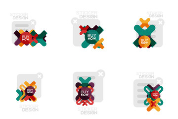 Fototapeta premium Set of flat design geometric stickers and labels, price tags, offer promotion badges, icon designs, paper style with buy now sample text, for business or web presentations, app or interface buttons