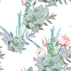 Delicate pattern of flowers Eustoma. Roses, peony, anemones and eucalyptus, succulent. Design for cloth, wallpaper, gift wrapping. Print for silk and home textiles. White background.