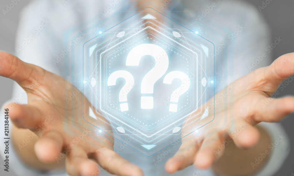 Aufkleber Businesswoman using question marks digital interface 3D rendering