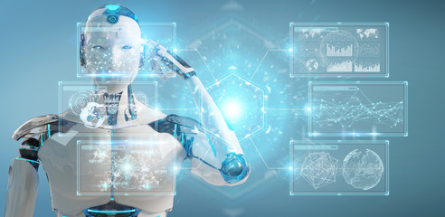 White male cyborg using digital datas interface 3D rendering