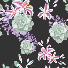 Delicate pattern of flowers pink lilies. Lilac and eucalyptus, succulent. Design for cloth, wallpaper, gift wrapping. Print for silk and home textiles. Black background. Garden autumn flowers.