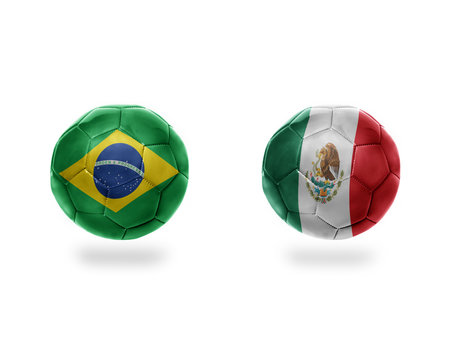 football balls with national flags of brazil and mexico.