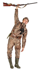 Full length portrait of a male hunter with double barreled shotgun Isolated on white background. hunting and people concept.