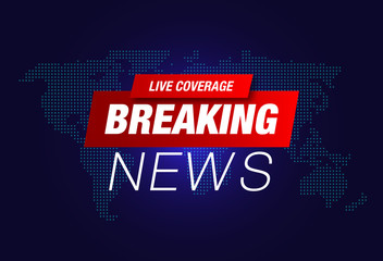 Breaking News red banner on world map blue gradient background