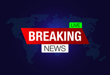 Breaking News red banner on world map blue gradient background