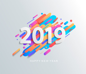 Creative happy new year 2019 card on modern motion background. Vector illustration. Perfect for presentations, flyers and banners, leaflets, postcards and posters. EPS10