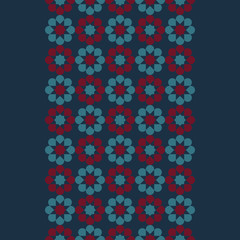 Dark blue background with ebdless band of flowers in the center, decorative geometric background