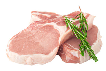 fresh raw meat with rosemary on white background, pork, beef, chop on a bone, clipping path, full depth of field