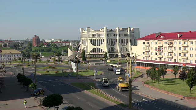 Road traffic at the south end of  Soviet square. Timelapse. Grodno, Belarus