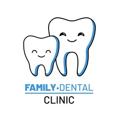 Family dental clinic isolated logo. Professional dentistry clinic services. Happy and clean teeth characters. Comic dental personages vector illustration. Modern stomatology assistance and treatment