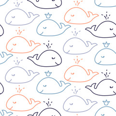 Cute whales baby line style seamless vector pattern. Blue cheerful simple childish ocean animals.