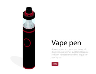 Vape pen isometric vector illustration. Cool modern smoking kit with e-liquid. Vaporazer equipment with different flavor.  Modern smoking aerosol mode infographic template in black red colors