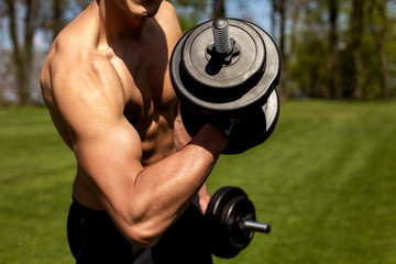 Close-up of male arm muscles. Shredded guy is training biceps with dumbbell while standing on green lawn. He is bending forearms in turn and lifting weight