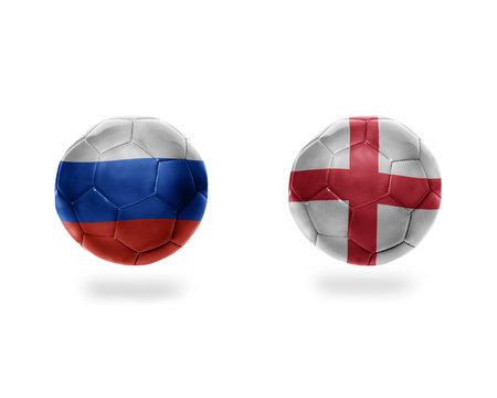 football balls with national flags of england and russia.