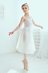 Beautiful ballerina is posing and dancing in a white studio full of light. The photo greatly reflects the incomparable beauty of a classical ballet art.