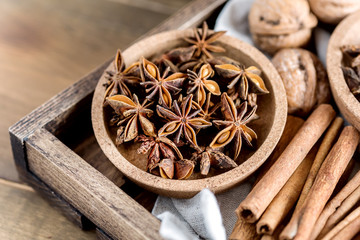 Variety of Spices Anise Stars Cinnamone Sticks Nuts Christmas Ingredients for Cake Above