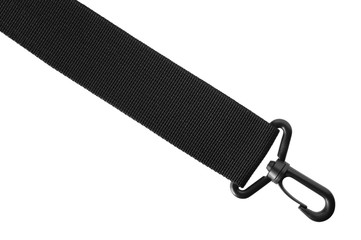 Black belt rope strap lanyard. Hanging plastic clasp snap latch hook carabiner. Isolated macro closeup, horizontal copy space and large detailed closeup. Help concept metaphor