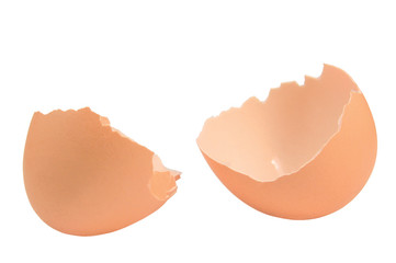 Broken eggshell closeup, isolated cracked brown empty egg shell macro detail, bright detailed studio shot, large copy space