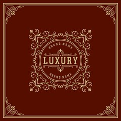Naklejka na ściany i meble Luxury logo template vector golden vintage flourishes ornament. Good for royal crest, boutique brand, wedding shop, hotel sign, Fashion and other vector illustration