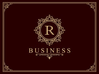 Luxury logo template vector golden vintage flourishes ornament. Good for royal crest, boutique brand, wedding shop, hotel sign, Fashion and other vector illustration