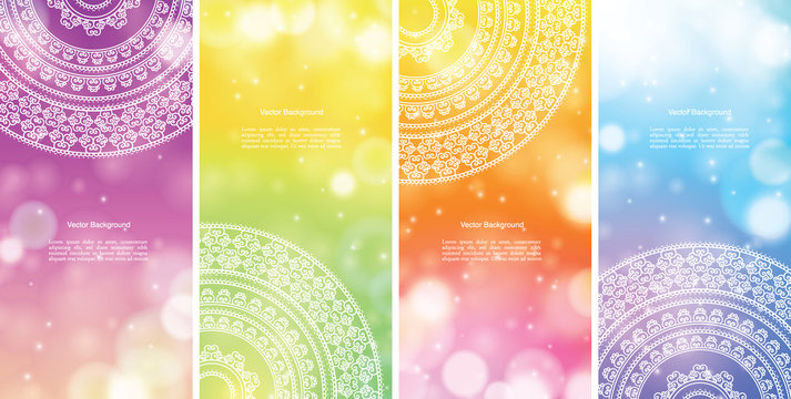 Set of Indian country ornament illustration concept. Ethnic & Colorful Henna Mandala design, on festive and glitter bokeh background.