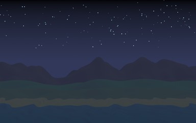 Starry moonless sky. Ocean shore line with waves on a beach. Island beach paradise with waves. Vacation, summer, relaxation. Seascape, seashore. Minimalist landscape, primitivism. 3D illustration