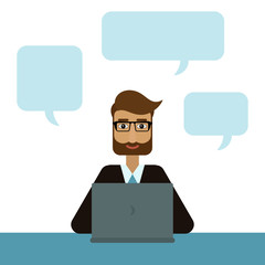 Serious man with the beard in glasses working on laptop. Office worker, manager, consultant. Vector flat design illustration isolated on white background
