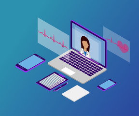 Woman doctor, laptop, 3d isometric 3-2