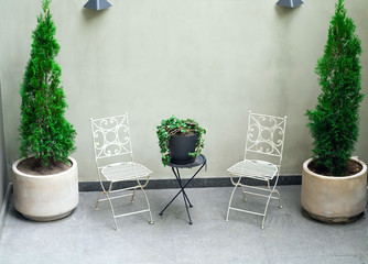 Beautiful modern terrace with light marble flooring, plants and white garden furniture. The concept of botanic style in the interior,  natural light, copy space, closeup