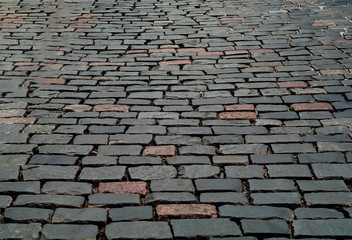 Background Of Old Cobblestone Pavement.Design, Natural Light, Copy Space, Close Up