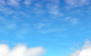Blue sky background with white clouds. Abstraction group of clouds on clear blue sky on sunny day. 3D illustration