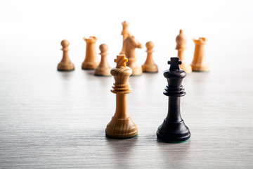 chess pieces on a grey background and black and white chess kings
