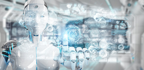 White woman cyborg using digital datas interface 3D rendering